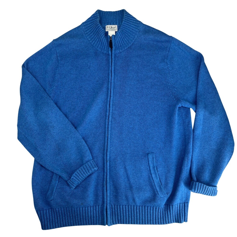 LL Bean Full Zip Cardigan Mens Size Large Blue Cotton Mock Neck Sweater Gorpcore